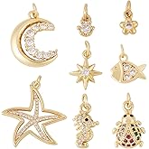 Cheriswelry 8Pcs 18K Gold Plated Cubic Zirconia Pendants Flower Star Moon Ladybird Fish Metal Dangle Charms 6-27.5mm for DIY Necklace Earring Bracelet Jewelry Making Supplies
