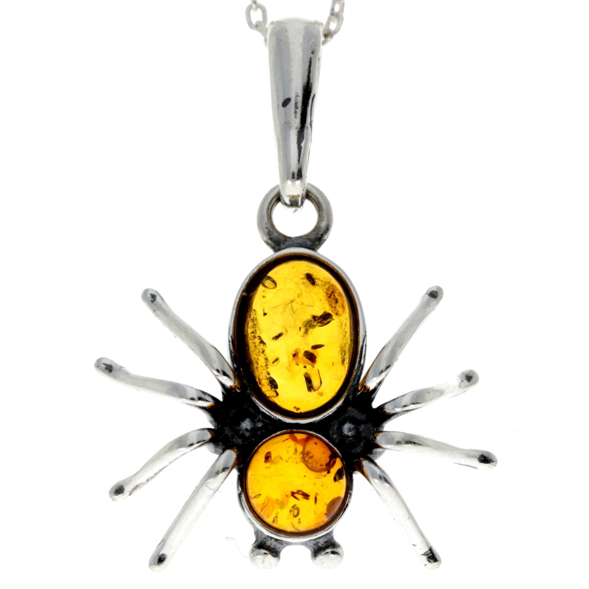 Lovely 925 Sterling Silver & Genuine Baltic Amber Designer Spider Pendant Halloween - 598