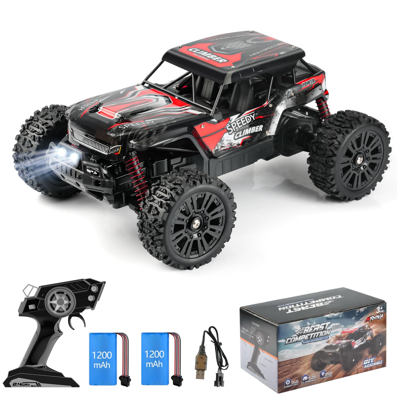 1:14 Large size All Terrain RC Car, DIY Assembly Remote Control Truck 25KM/H High Speed 2WD with 2.4 GHz Remote Control, Removable Waterproof Off-Road Truck with 2 Rechargeable Batteries&Head Lights