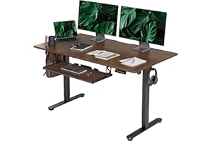 INNOVAR Electric Standing Desk, Solid Wood Adjustable Desk with Keyboard Tray, 55×24 Inch Stand up Home Office Desk with Whole-Piece Board, Black Frame/Espresso Top
