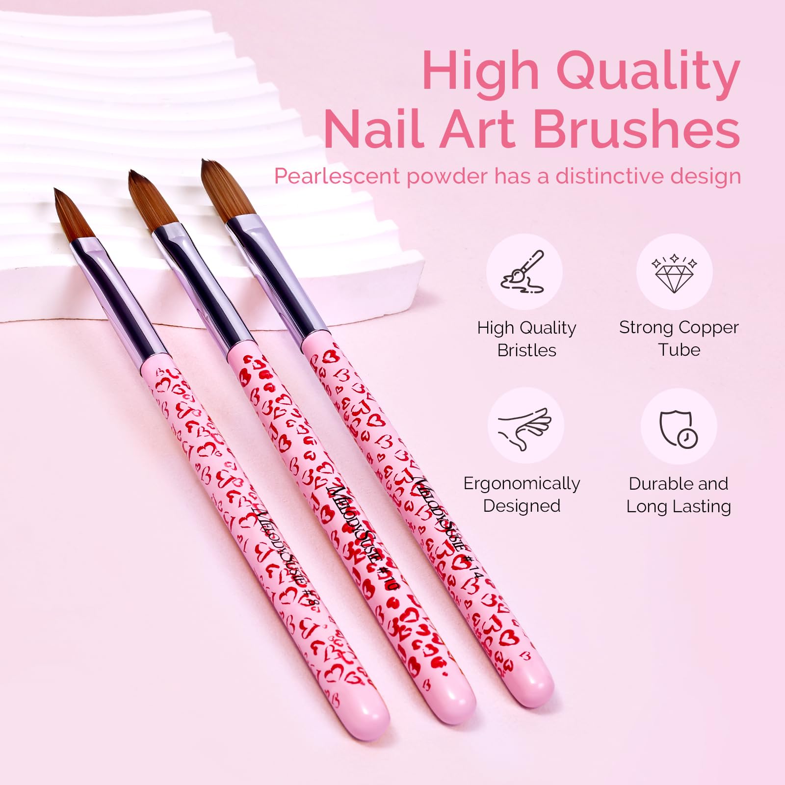 MelodySusie 3Pcs Acrylic Nail Brush Set, Size 8/10/14 Professional Nail Brushes for Acrylic Application Acrylic Powder Nail Art Extension and 3D Nail Carving for DIY Home Salon Nail Art Tool Pink - Image 6