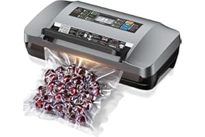 QIQIAOB 95kpa Vacuum Sealer Machine,Commercial Full Automatic Food Sealer,Powerful Sealing System with Double Heat Seal,Bags Storage, Easy-Lock Handle,Build-in Cutter,1 Bag Rolls and 10 pcs Pre-cut Bags(Grey)