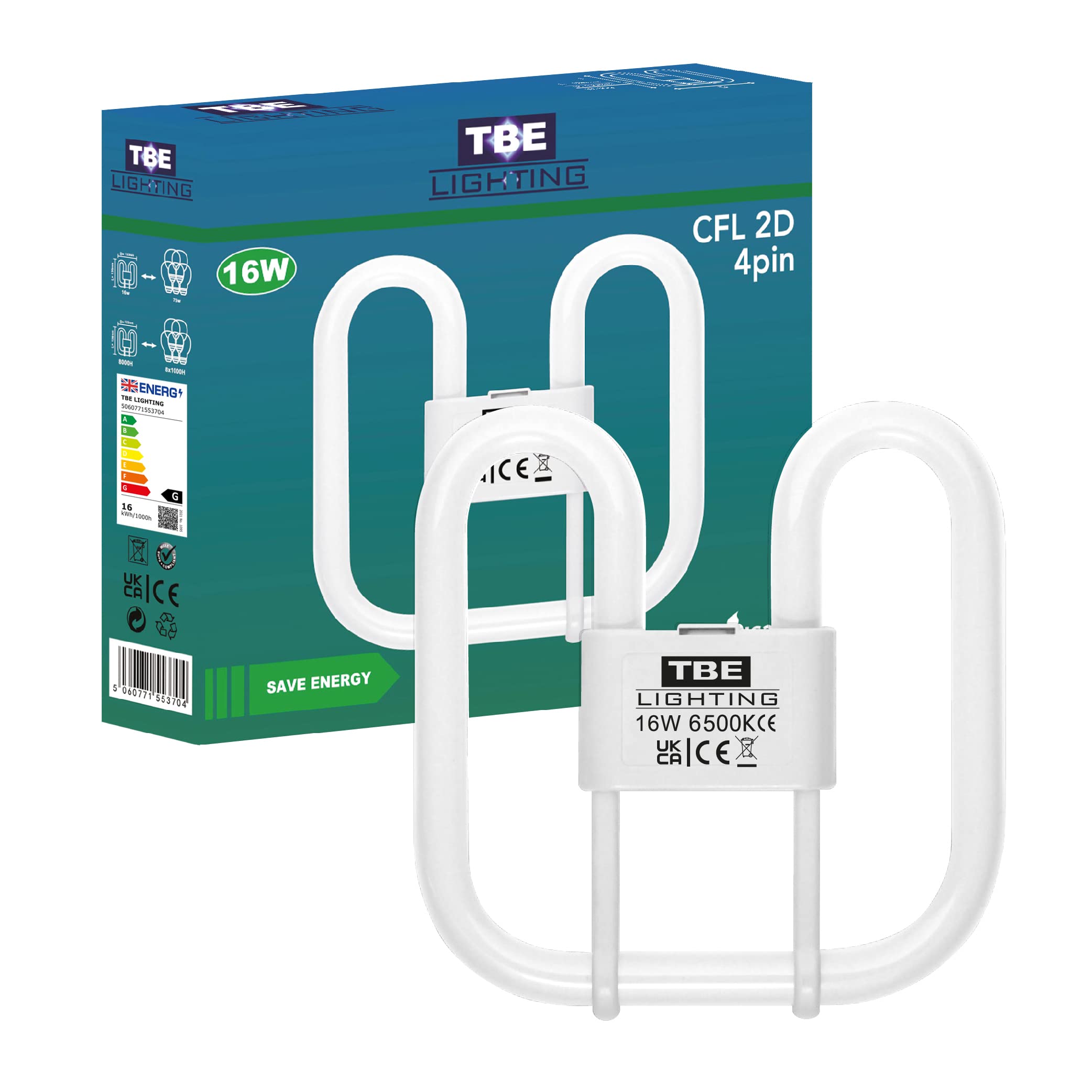 TBE LIGHTING 16w 2D 4-PIN CFL Energy Saving Lamps - DD Fluorescent Bulbs - 4-Pin GR10q Base Fittings - Long Life Lamp, Day Light White 6500K