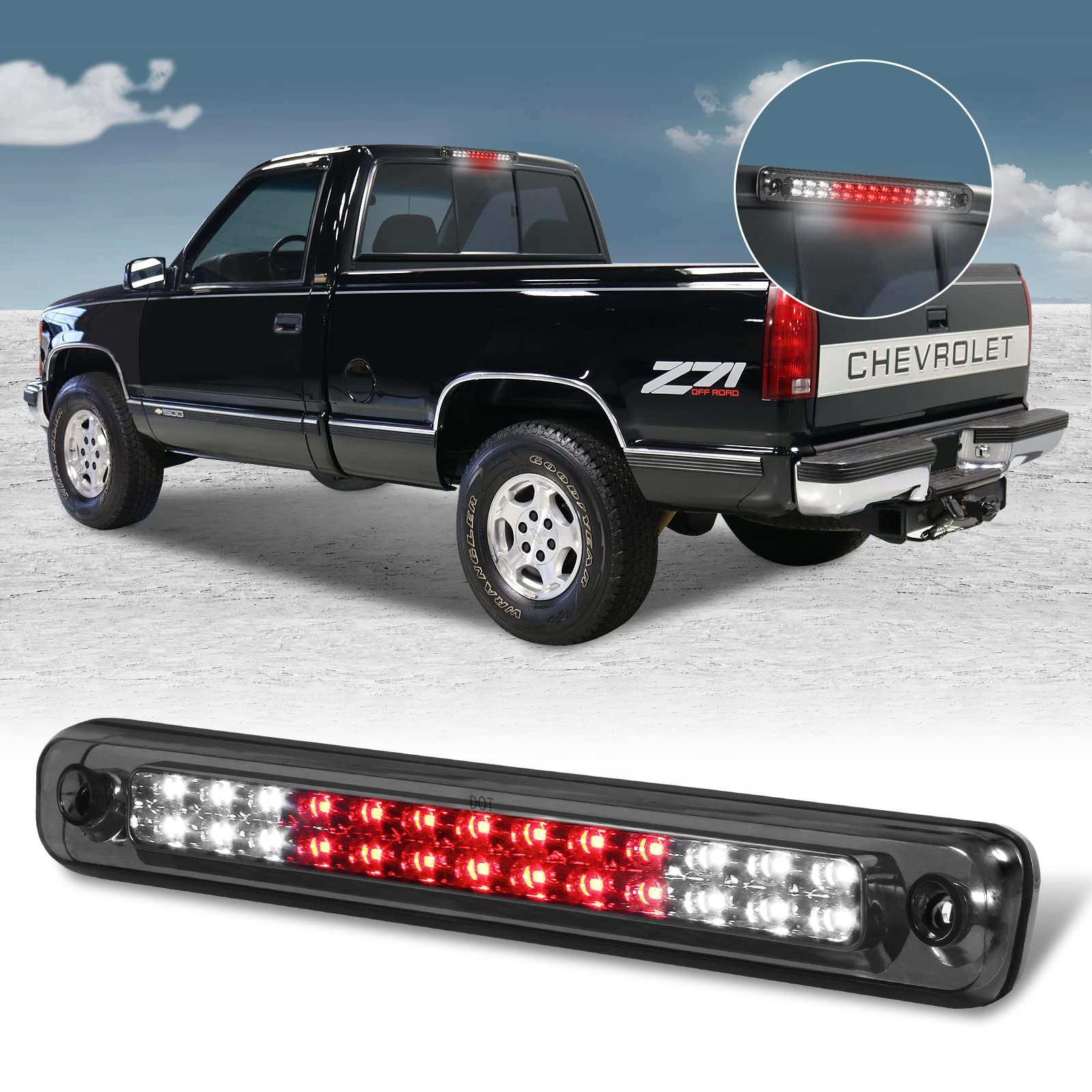 Photo 1 of KOMAS 3rd Third Tail Rear Brake Light Replacement For 1988 1989 1990 1991 1992 1993 1994 1995 1996 1997 1998 1999 Chevy GMC C/K-Series GMT400, Waterproof Dual Row Tail Rear Cargo Light Lamp (Smoke)