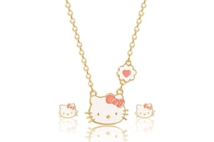 Hello Kitty Sanrio Jewelry Set - Flash Plated 18+3 Necklace and Stud Earrings Officially Licensed