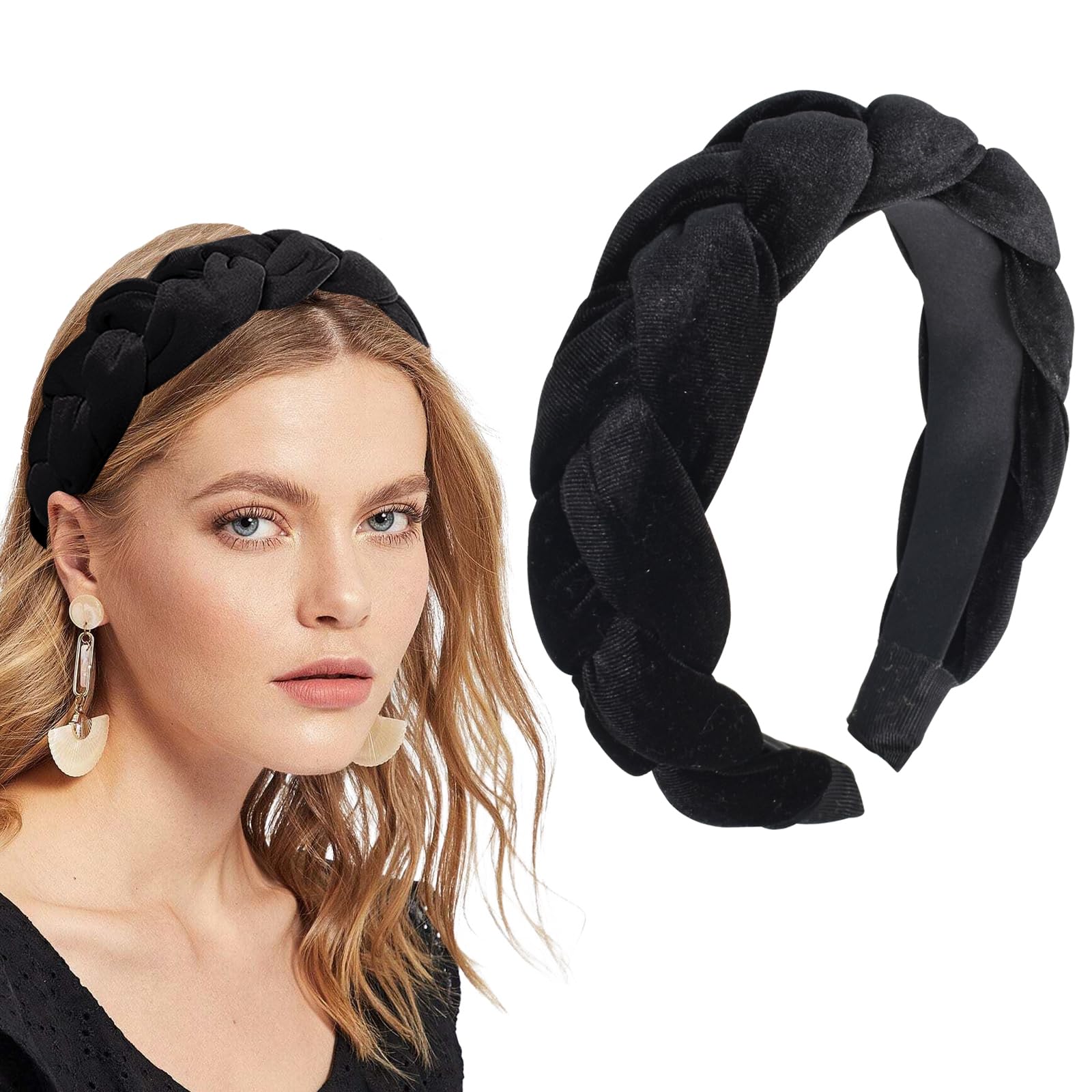 Velvet Headband Criss Cross Fashion Hairband Vintage Padded Hair Hoop Stylish Wide Braided hair band Thicken Satin Braid Headband Headbands for Women (Black)