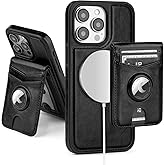 SkyEagle Compatible with MagSafe iPhone 13 Pro Max Case Wallet with AirTag Holder,2 in 1 PU Leather Magnetic Detachable RFID Blocking Credit Card Holder Flip Cover Kickstand for Men Women,Black