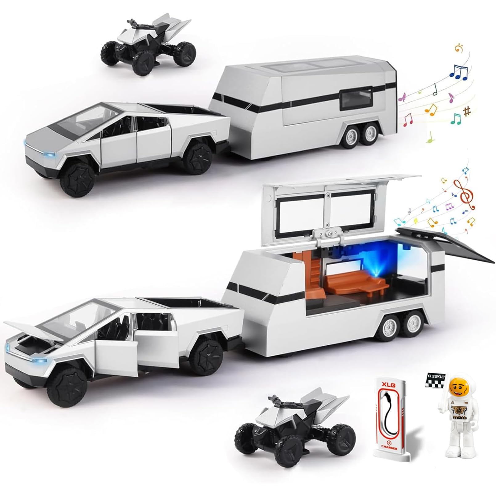 MODVKVK Tesla Cybertruck 1:24 Model Car, Cyber ​​Truck Toy Car Motorhome Model Kit with Light & Music, Pull-Back Function, Alloy Die-Cast, Ideal for Children 3 Years and Up & Collectors (Silver)