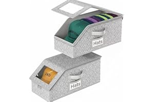 2-Pack Hat Organizer, Hat Storage Box for Baseball Caps - Stackable, Foldable Design with Clear Window & Handles, Holds Up to