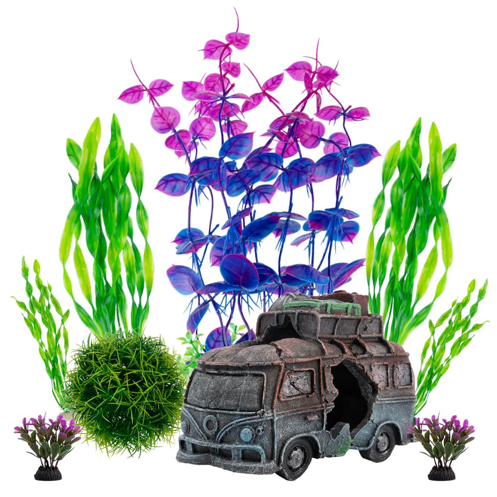 BEGONDIS Camper Van Tourer with 8 Pcs Plastic Plant Set Artificial Polyresin Aquarium Ornament Aquatic Model Decoration Fish Tank Marine Decor Ornaments (Car)