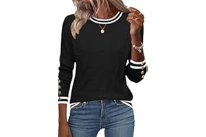 AKEWEI Womens Sweaters Long Sleeve Crew Neck Lightweight Knit Pullover Tops with Decorative Buttons
