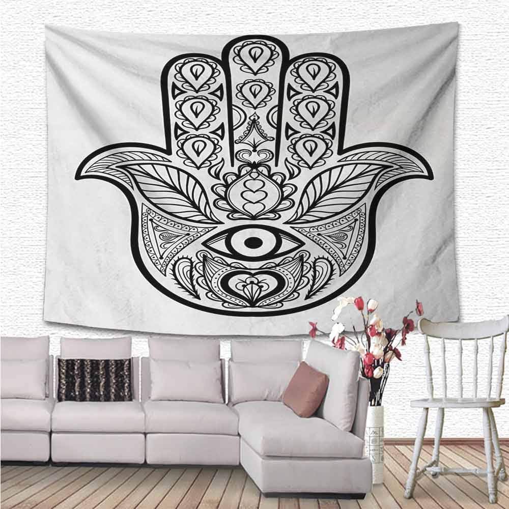 Hamsa Tapestry Wall Hanging, Nature Inspired Tribal Pattern Monochrome Sketch Boho Artwork with Leaves Third Eye Bedspread Picnic Bedsheet Blanket Wall Art Hippie Tapestry, 90"x60", Black White