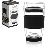 Tupkee Double Wall Glass Tumbler - 8-Ounce, All Glass Hand Blown Reusable Insulated Tea/Coffee Mug & Lid, Travel Mug - Black