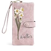 MirthfulMemento Custom Name Birth Flower Wallet for Women, Personalized Stylish Card Holder Purse with Zipper, Large Capacity Wallet Mother's Day Christmas Gifts for Mom Daughter (Pink)