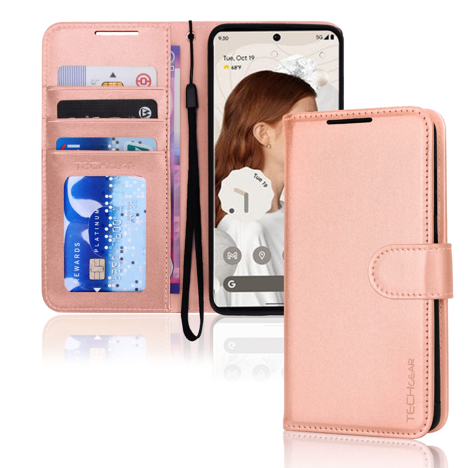 TECHGEAR Pixel 7 Pro Leather Wallet Case, Flip Protect Case Cover with Wallet Card Holder, Stand and Wrist Strap - Rose Gold PU Leather with Magnetic Closure Designed For Google Pixel 7 Pro