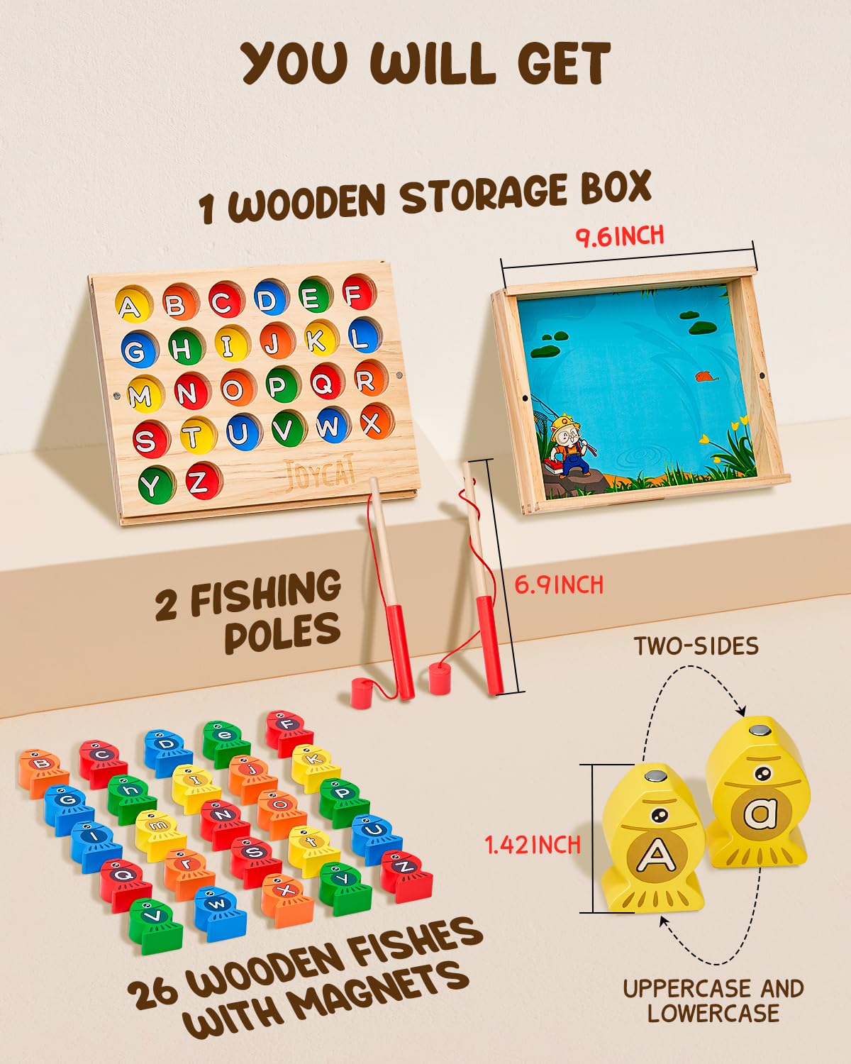JoyCat Wooden Magnetic Fishing Game for Toddlers, Alphabet Educational Color Sorting Games Puzzle, Fine Motor Skills Toy with Letters, Preschool Learning ABC Toys Easter Gift for Kids 3 4 5 Years Old
