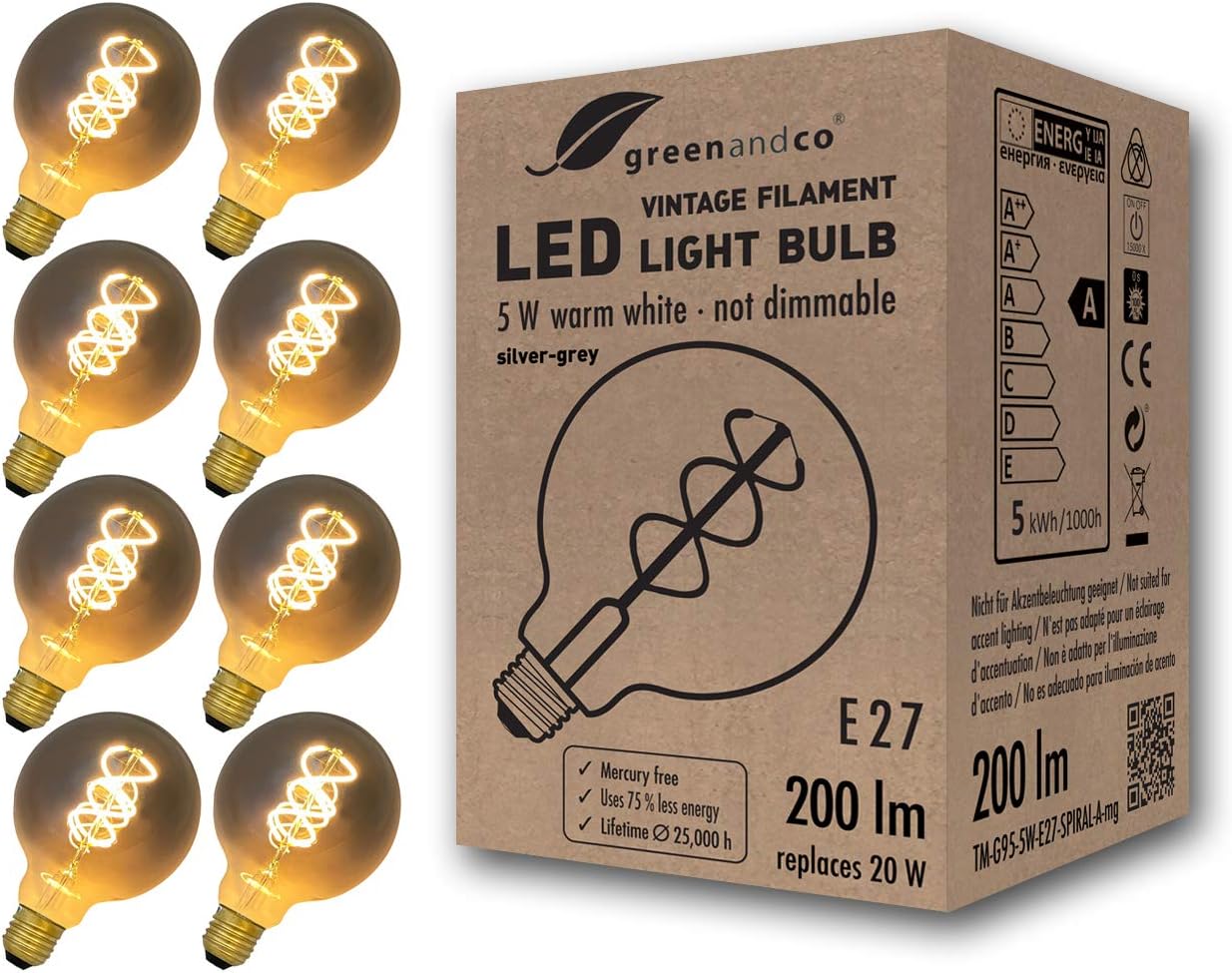 greenandco® E27 G95 LED Vintage Filament Bulb Silver Grey 5W 200lm 1800K Extra Warm White 360° 230V, no Flicker, not dimmable, 8-Pack