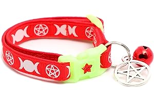 PUGS TO PERSIANS Wicca Cat Collar with Occult Charm & Bell | Witch’s Familiar Cat Collar | Witch Kitten Collar Charms | Glow in The Dark | Safety Breakaway Collar (Small(10lbs & Less), Red)
