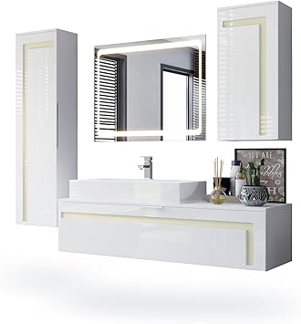 Vladon Badmobel Komplettset Aloha Korpus In Weiss Matt Fronten In Weiss Hochglanz Mit Absetzungen In Creme Hochglanz Mit Aufsatzwaschbecken Und Led Spiegel Vladon Amazon De Kuche Haushalt
