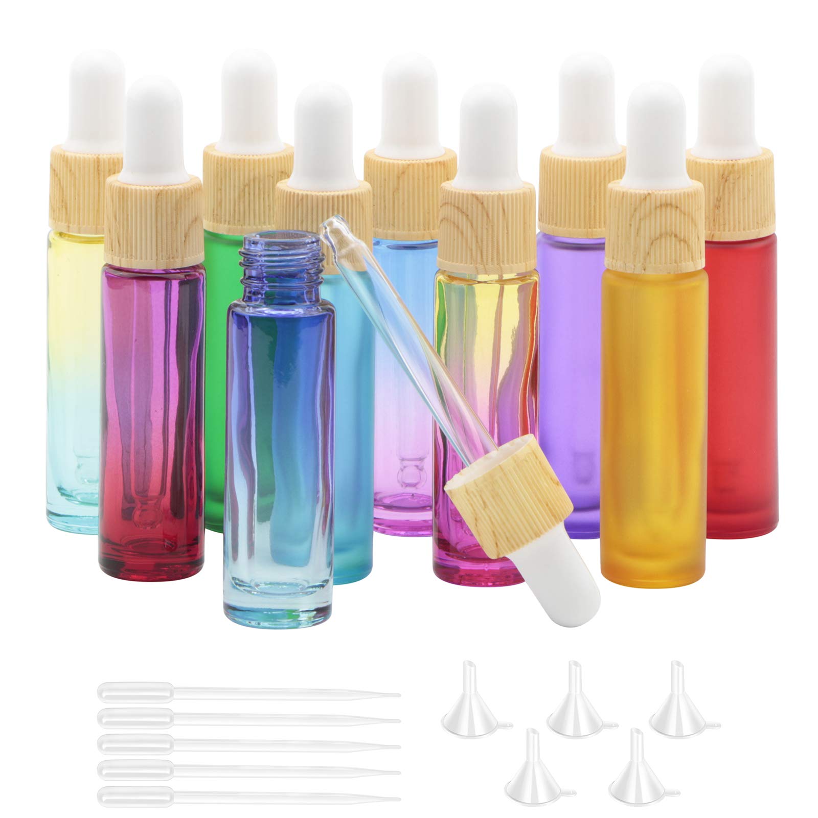 Rowiz 10PCS 10ml Color Glass Dropper Bottles Perfume Aromatherapy Cosmetic Container Essential Oils Sample Bottles with Pure Dropper Sample Tubes&Wood Color Screw Cap