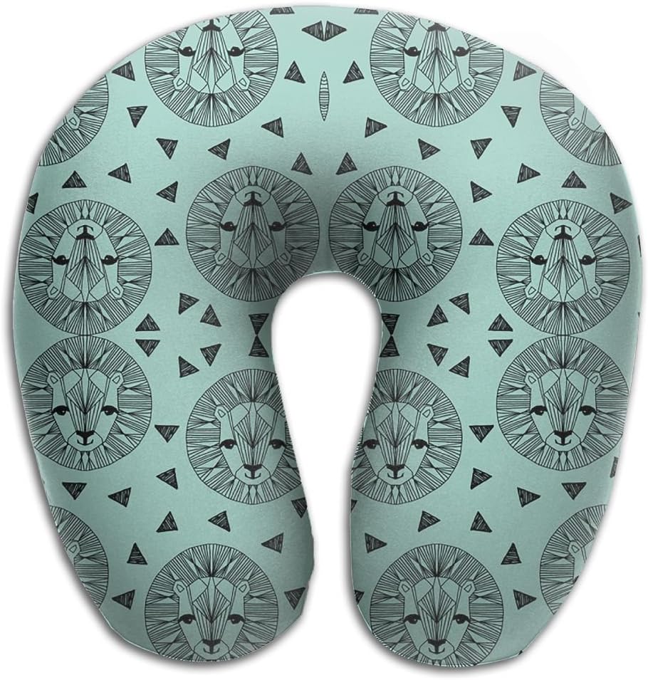 Lion Face - Pale Turquoise Memory Foam Travel Neck Pillow U Shaped Travel Neck Support Cushion