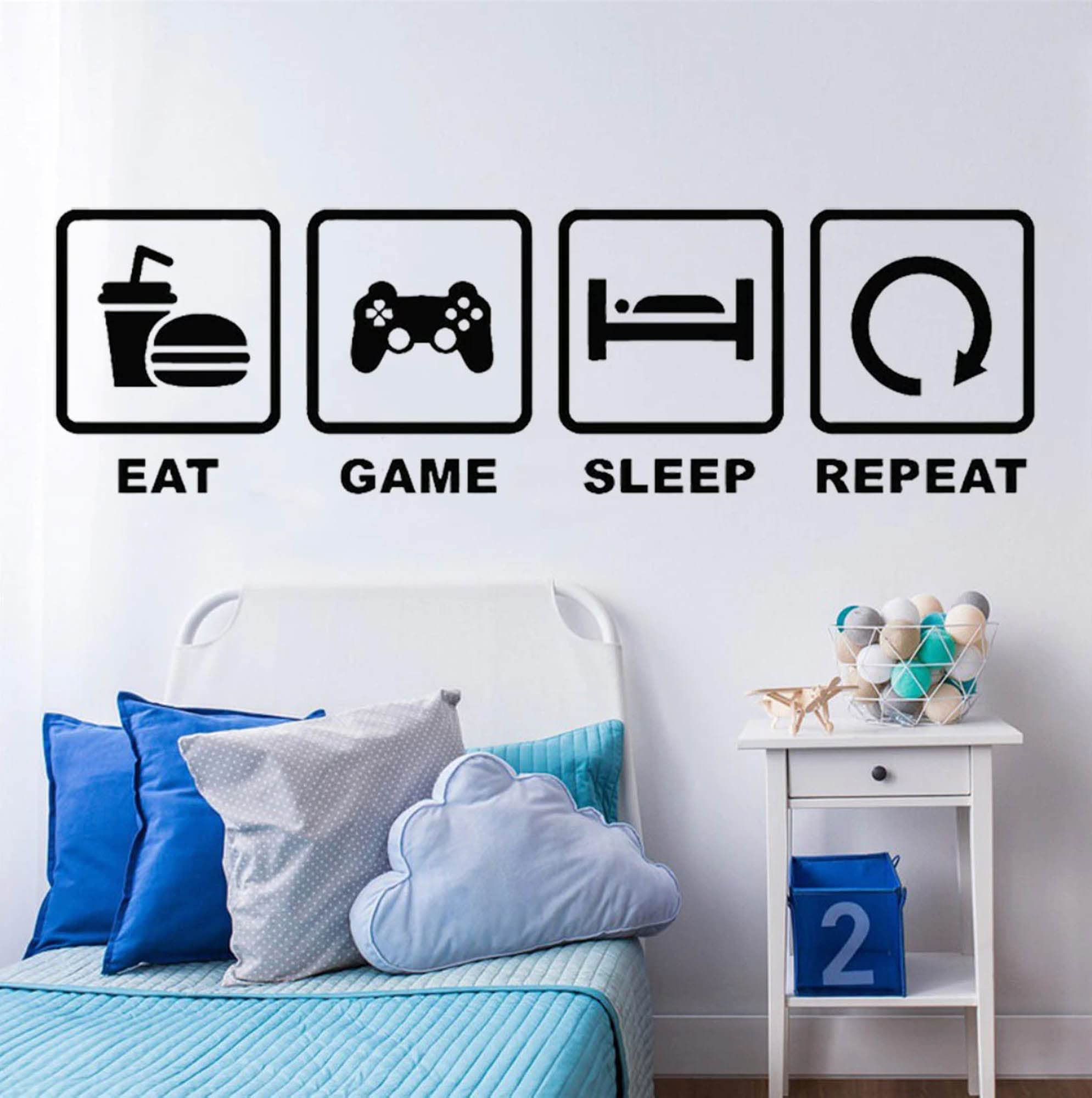 Eat Sleep Game Repeat Play Wall Sticker Gaming Gamer Wall Decals Vinyl Art Boys Room Decor Bedroom Sticker Removable Wall Poster
