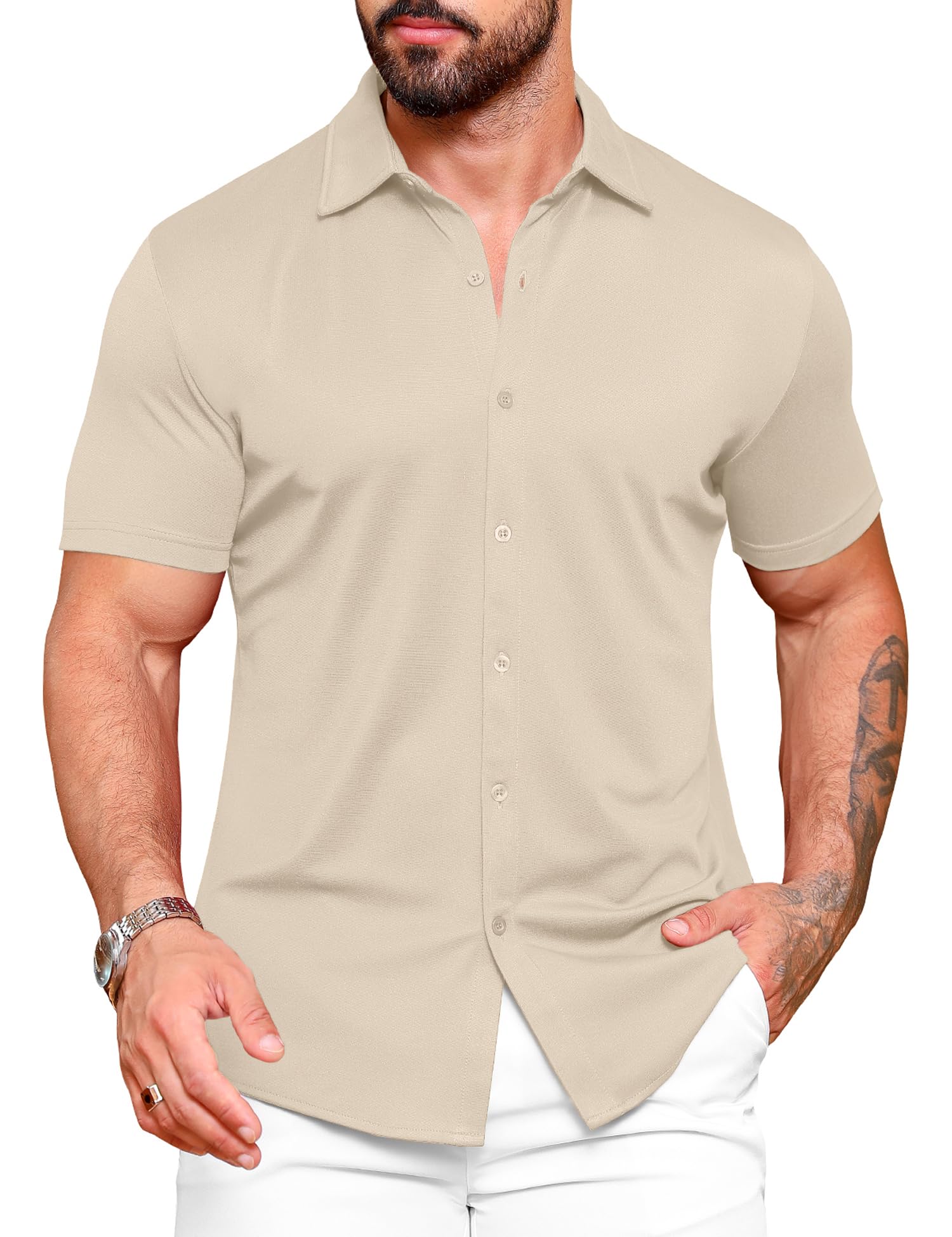 URRU Men's Muscle Dress Shirts Slim Fit Stretch Wrinkle Free Short ...