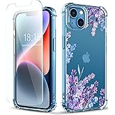 ilnehc Flower Designed for iPhone 13 Case[with Screen Protector], Floral Clear Women Phone Case Shockproof Protective Soft TPU Bumper Cover 6.1 Inch 2021 (Lavender/Purple)