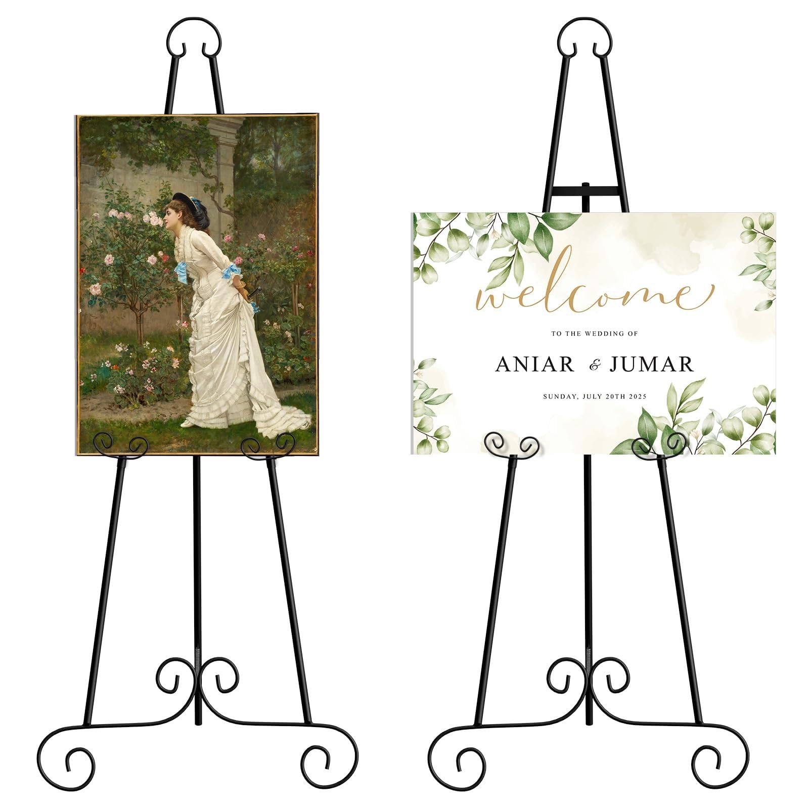 Photo 1 of 2 Pack 46" H Metal Round Tube Scroll Display Easel, Classic Black Decorative Large Adjustable Floor Standing Easel with Chain Support, Perfect for Showcasing Pictures, Artwork, Wedding Sign Etc