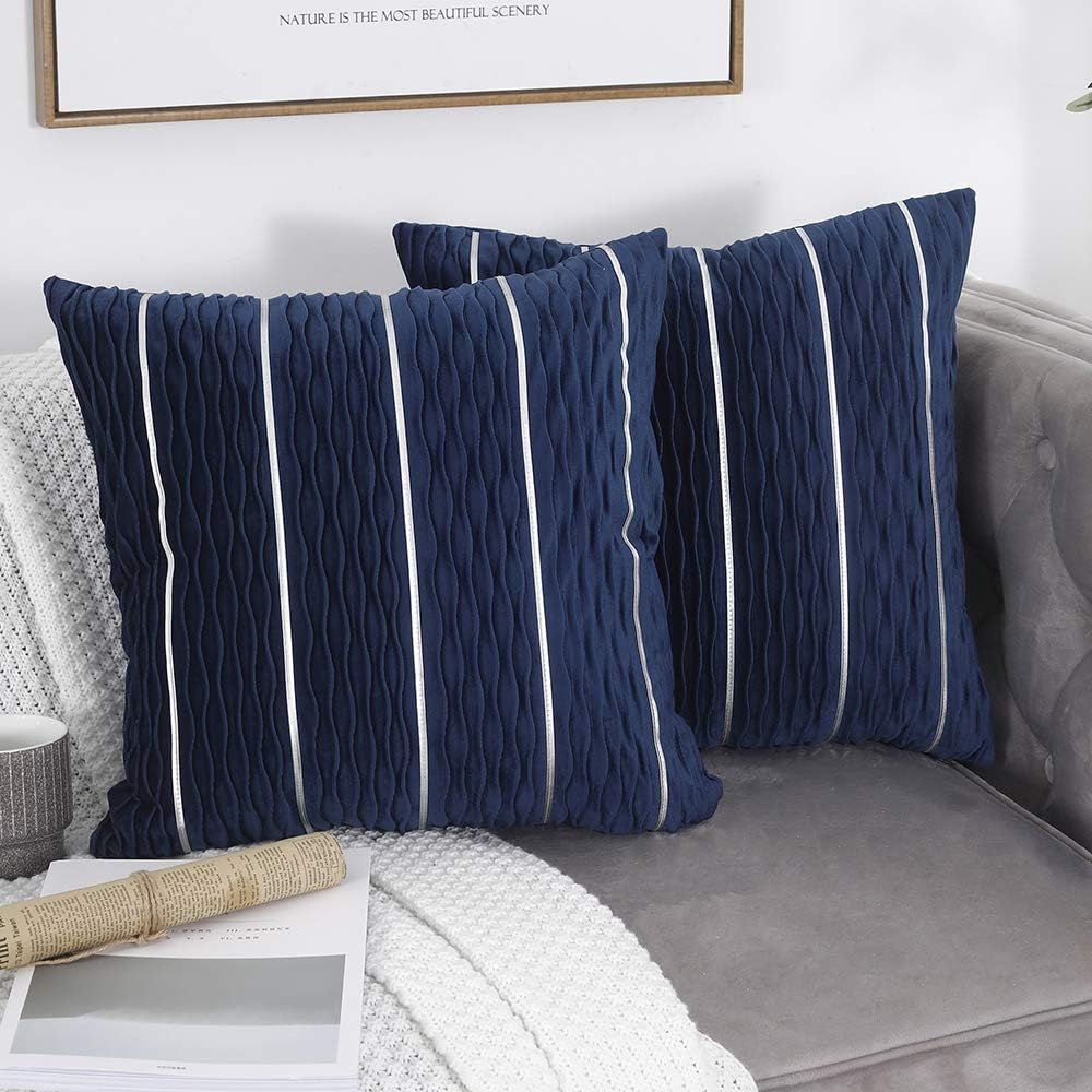 Yeadous Decorative Navy Blue Cushion Covers, Jacquard Wave with Silver