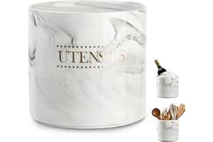 LYEOBOH Utensil Holder for Countertop, Kitchen Utensil Holder - Stable & Heavy Ceramic Utensil Crock Deep Spatula Holder (H6.3 x W6.7), Easy to Clean, Gray Marble Utensil Organizer for Home Decor