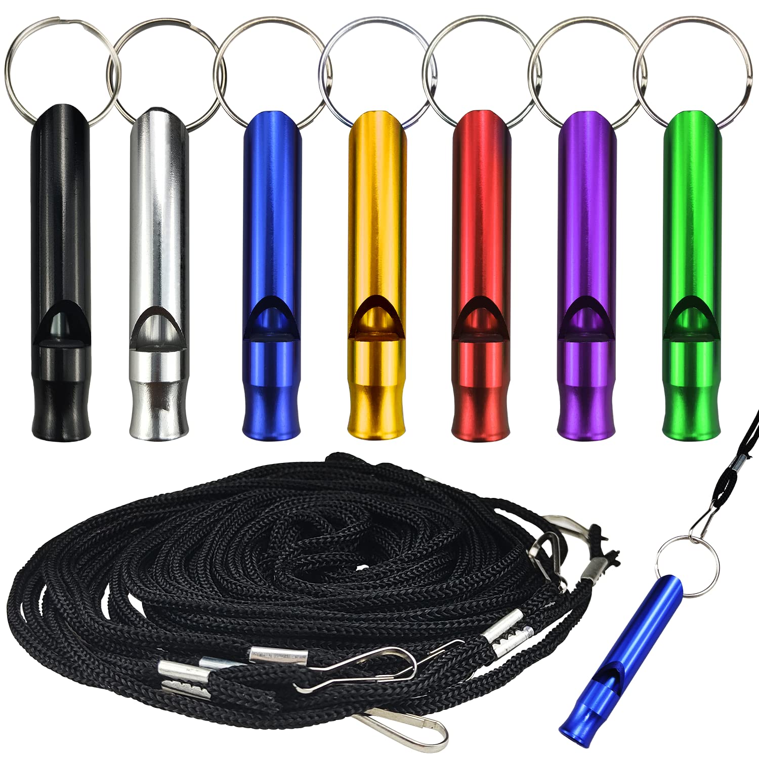 7Pcs Aluminum Whistle Aluminium Alloy Survival Whistle Extra Loud Aluminum Whistle with 7Pcs Lanyard for Training Pet,Sport Referee, Hiking, Camping