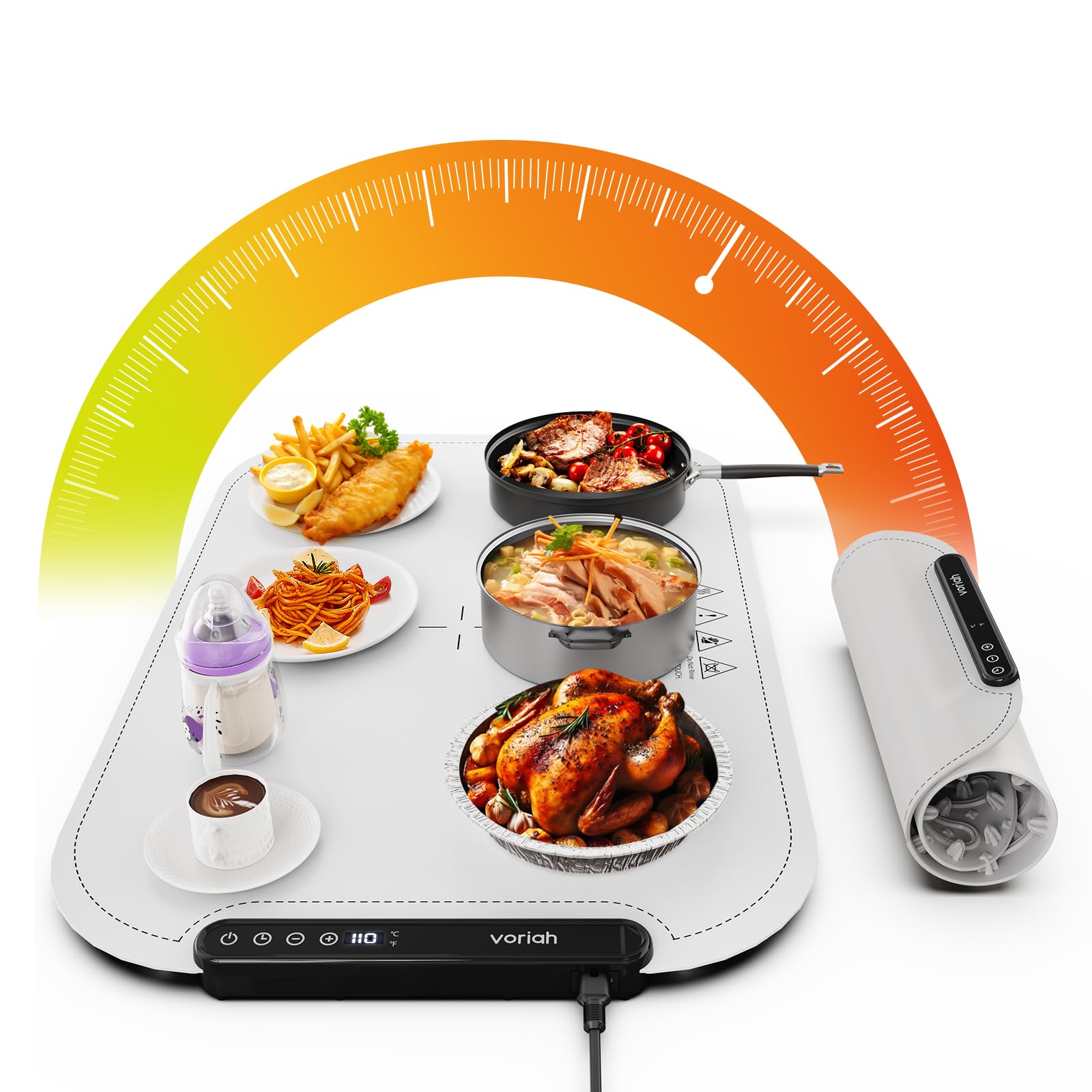 Warming Mat for Food, Voriah Electric Warming Tray with 99H Timer & 8 Temperature Settings, Foldable Food Warmer with °C/°F Switch, Keeps Food Warm at Buffets, Sabbath, Family Gatherings(White)