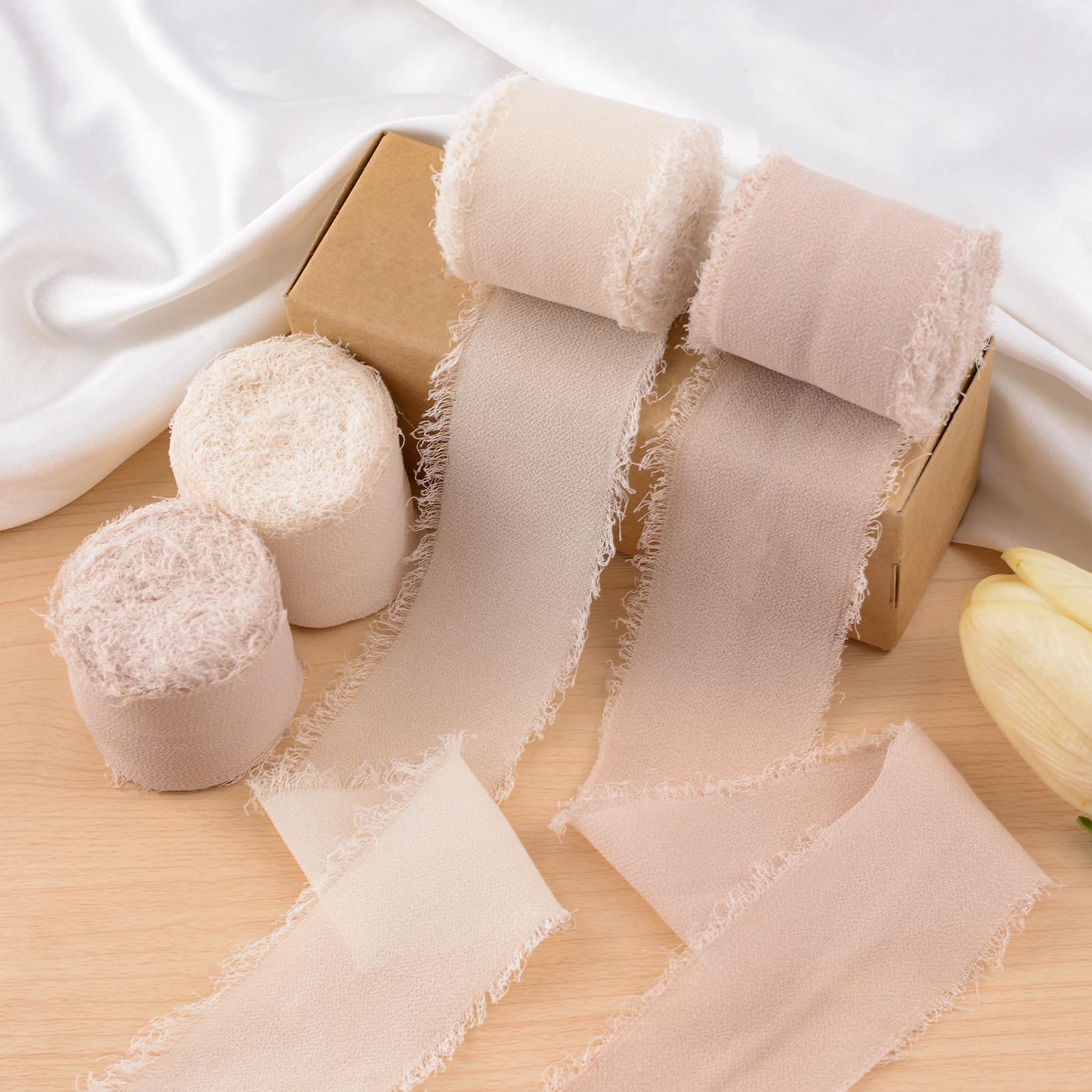 WANDIC 3 Rolls Chiffon Ribbon Fringe, White Frayed Edges Silk-Like Ribbon for Gift Bouquet Wrapping Wedding Formal Occasion (Champagne, 20m)