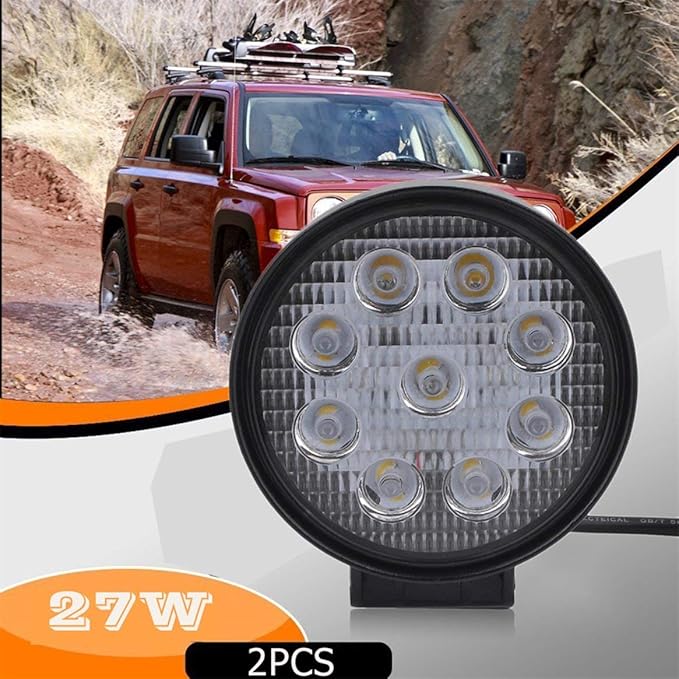 PassionIn 2pcs Car High Bright Off Road Light Round Shape 27W Working Light Floodlight(Color:black)