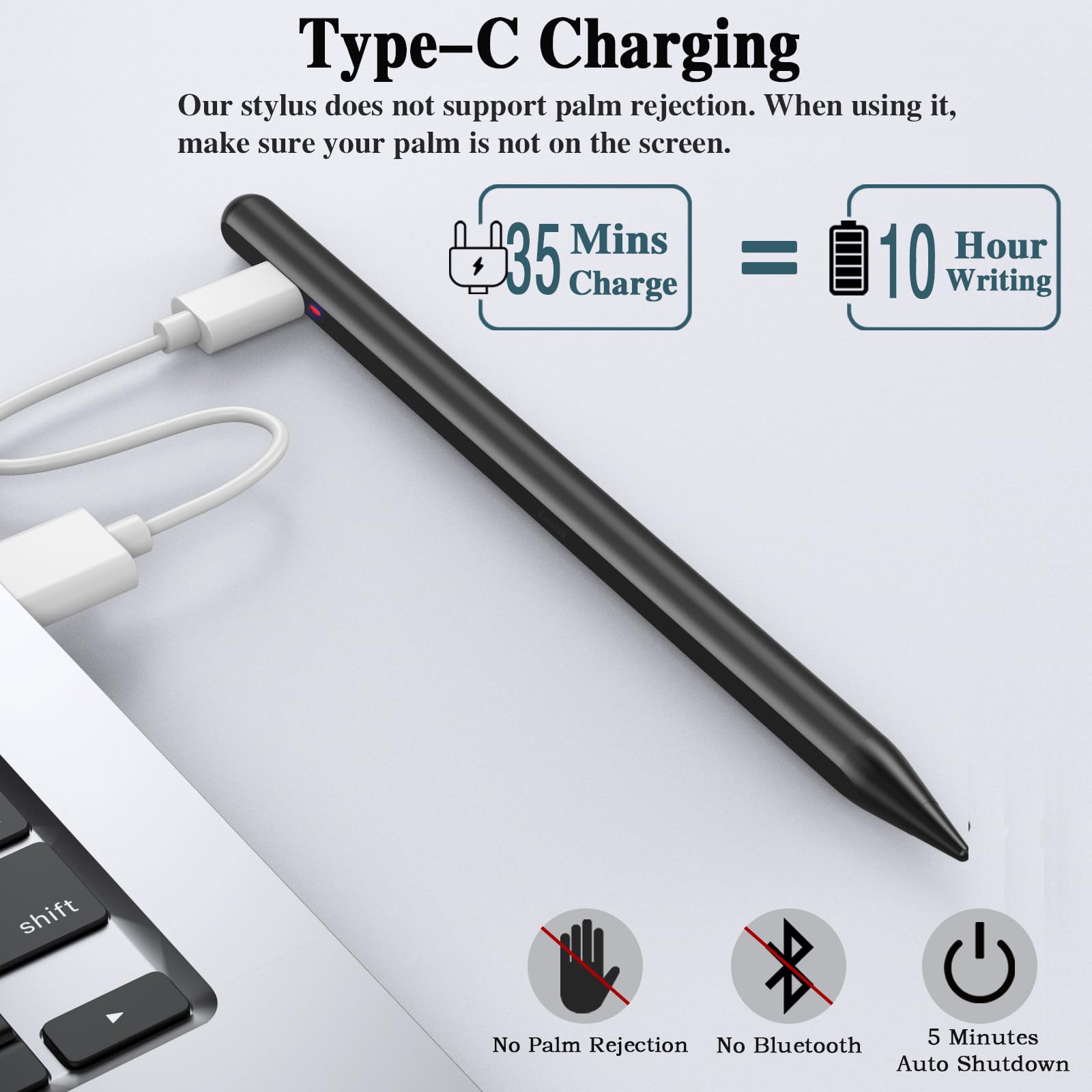 Stylus Pen for Android Tablet, Pom Tip Tablet Pencil for ios/Android,Rechargeable Active Stylus Pen for iPhone /Samsung/XiaoMi/Huawei/Vivo/Lenovo and Other Android Smartphones and Tablets-Black