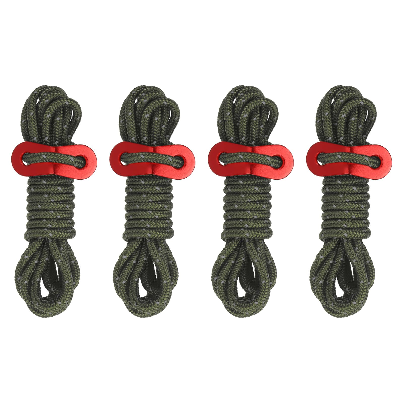 PATIKIL 4mm Tent Rope, 4 Pack 6.5ft Reflective Guyline Cord Tied Downs Rope Paracord Cord Camping Ropes with Red Aluminum Cord Adjusters for Camping Hiking Tent, Olive Green