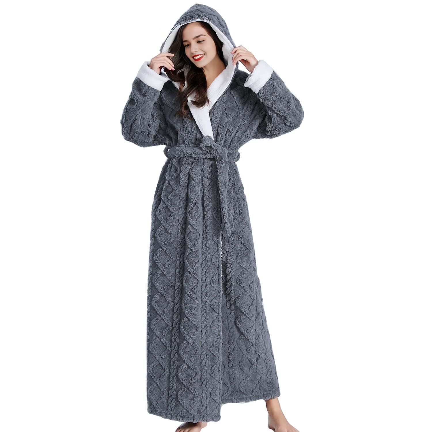 Daiwor Kout Plush Robe for Women Floor Length Winter Warm Fluffy Robes Hooded Long Thick Cozy Luxury Fuzzy Bathrobe Grey Small/Medium