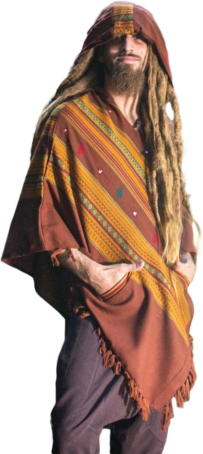 Amazon フード 素朴な部族のパターン祭ジプシーajjayaメンズウェアの冬 暖かいプリミティブノマディックメキシコでのハンドメイドブラウンcashmiriポンチョ コート ジャケット 通販