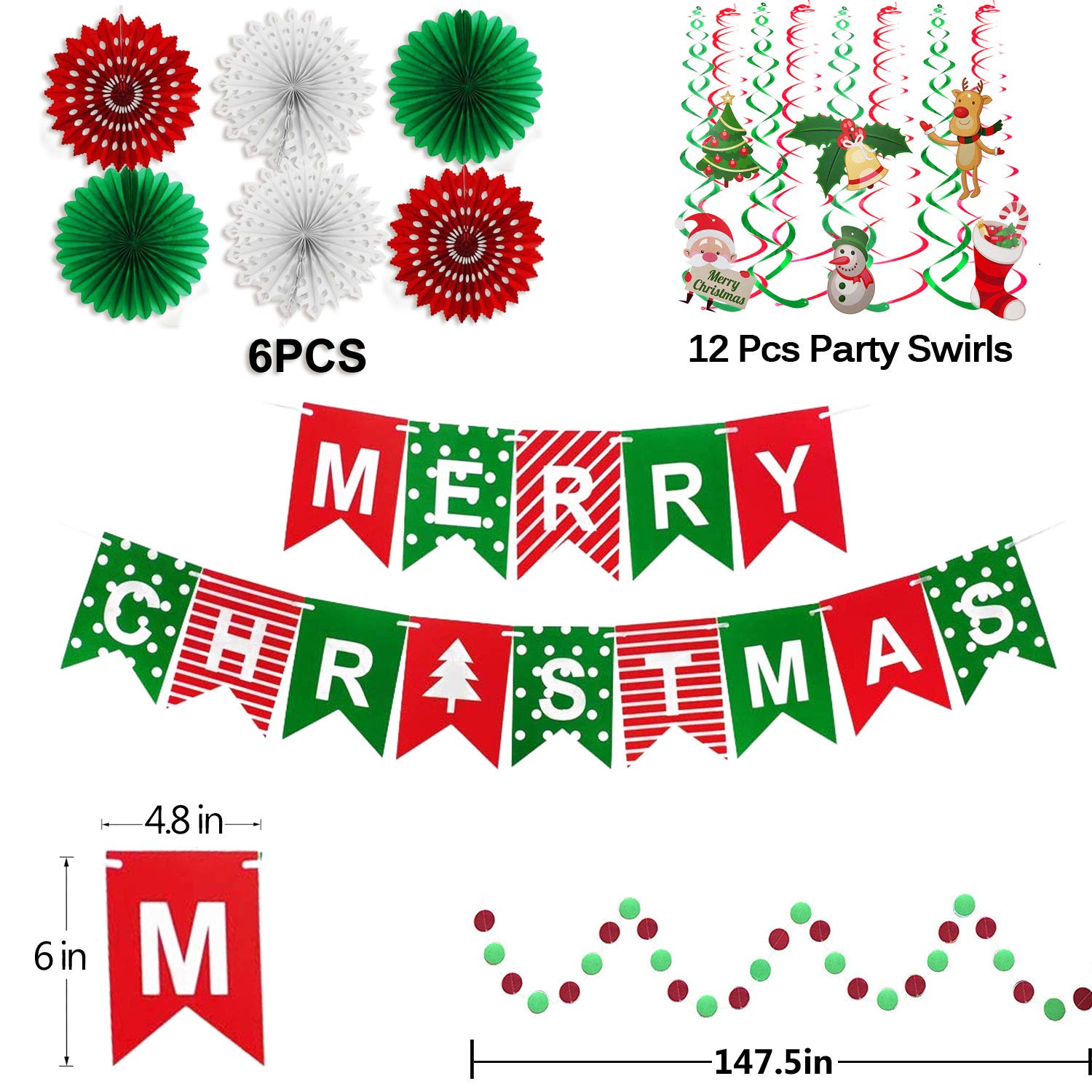 FECEDY Merry Christmas Banner Paper Fan Flower Circle Confetti Dots Hanging Garlandand Swirl Streamers Christmas Tree Christmas Snowman God Tang for Christmas Party Decoration