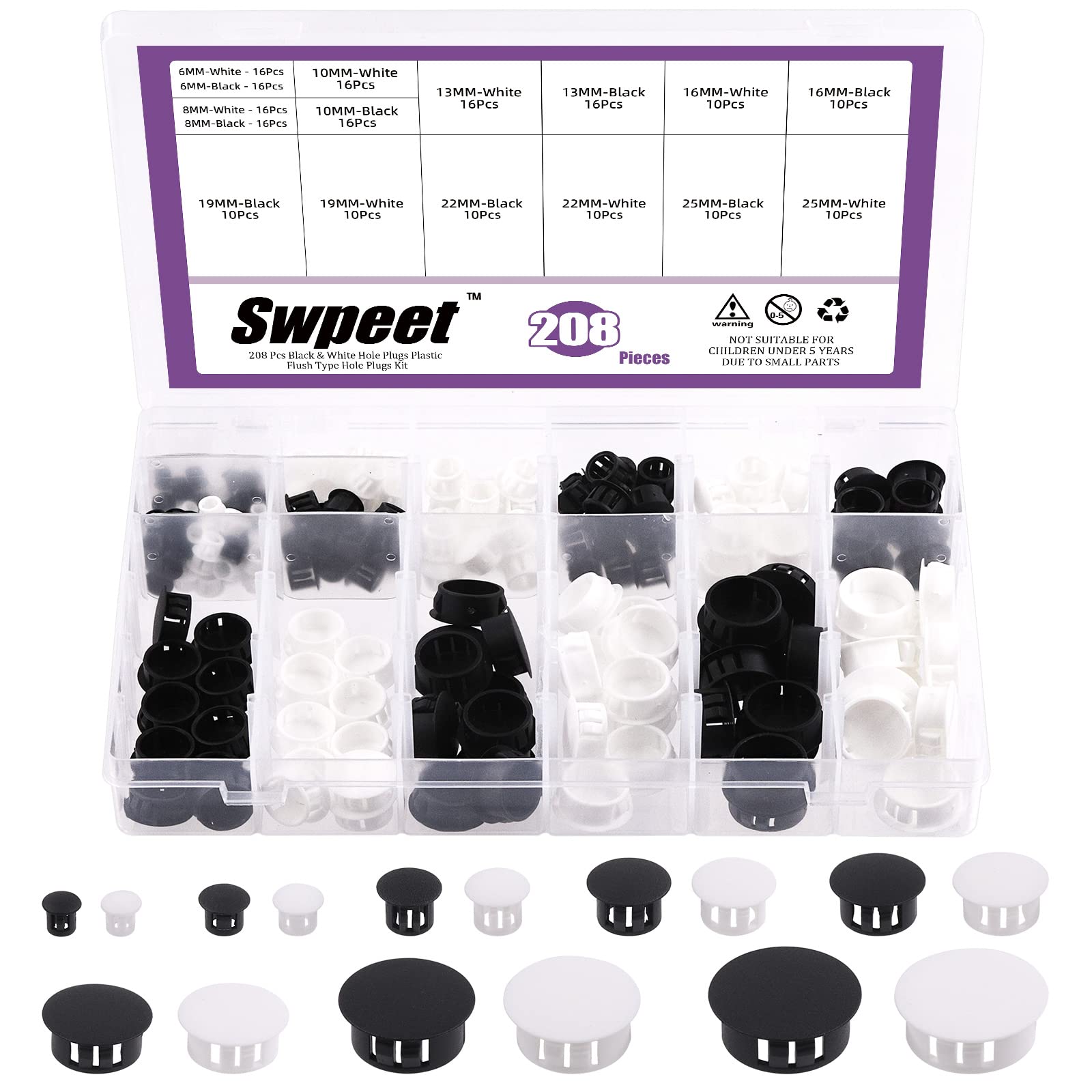 Swpeet Plastic 208Pcs Round Panel Hole Plugs, 8 Sizes White and Black Assortment Kit