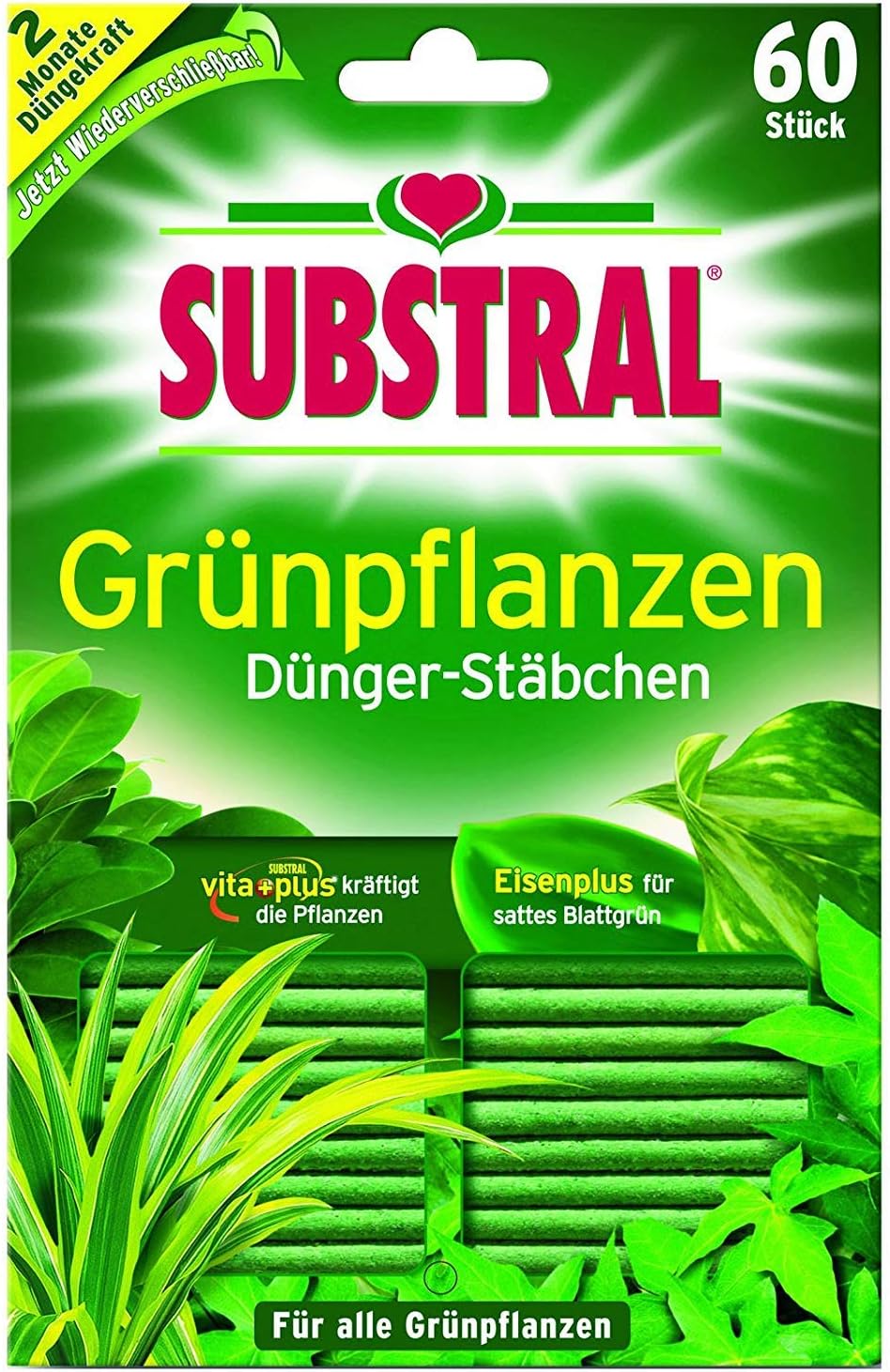 Substral Dünger-Stäbchen für Grünpflanzen mit Eisen-Plus und 2 Monate Langzeitwirkung, 60 Stück