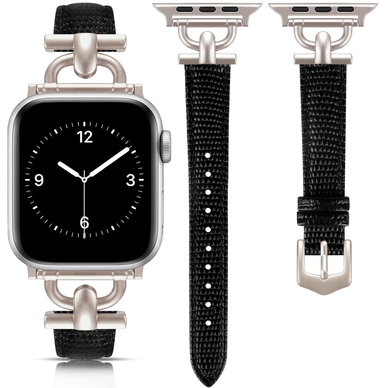 Leather Band Compatible with Apple Watch Bands for Women, Dressy Fancy Strap for iWatch Series 11/10/9/8/7/6/5/4/3/2/1/se(38mm 40mm 41mm 42mm,Lizard Black/Starlight)
