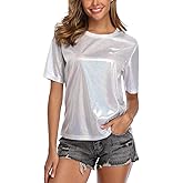 andy & natalie Women's Shiny Tops Holographic Metallic Shirt Shimmer Glitter Sparkle Party Disco Tee Shirt Blouse