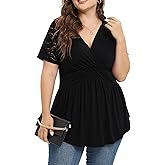 TIANZHU Women Plus Size Top Short Sleeve Wrap Lace Dressy Shirt Sexy Low Cut Babydoll Blouses