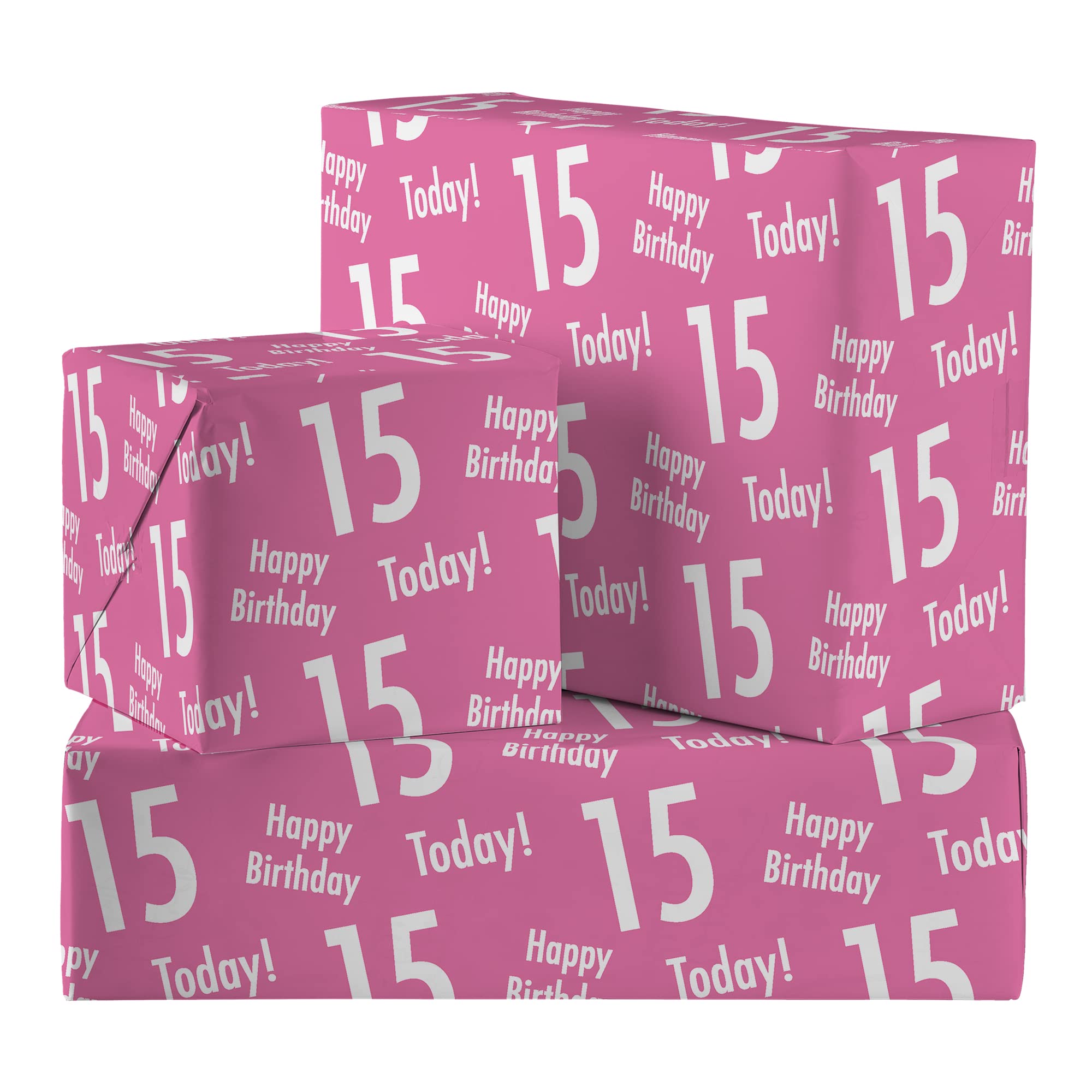 Hunts England - 2 Sheets Of 15th Birthday Pink Luxury Wrapping Paper For Girl - Includes 2 Gift Tags - Age 15 Female Folded Gift Wrap - Urban Colour Collection - Age Fifteen Gift Wrap For Girls