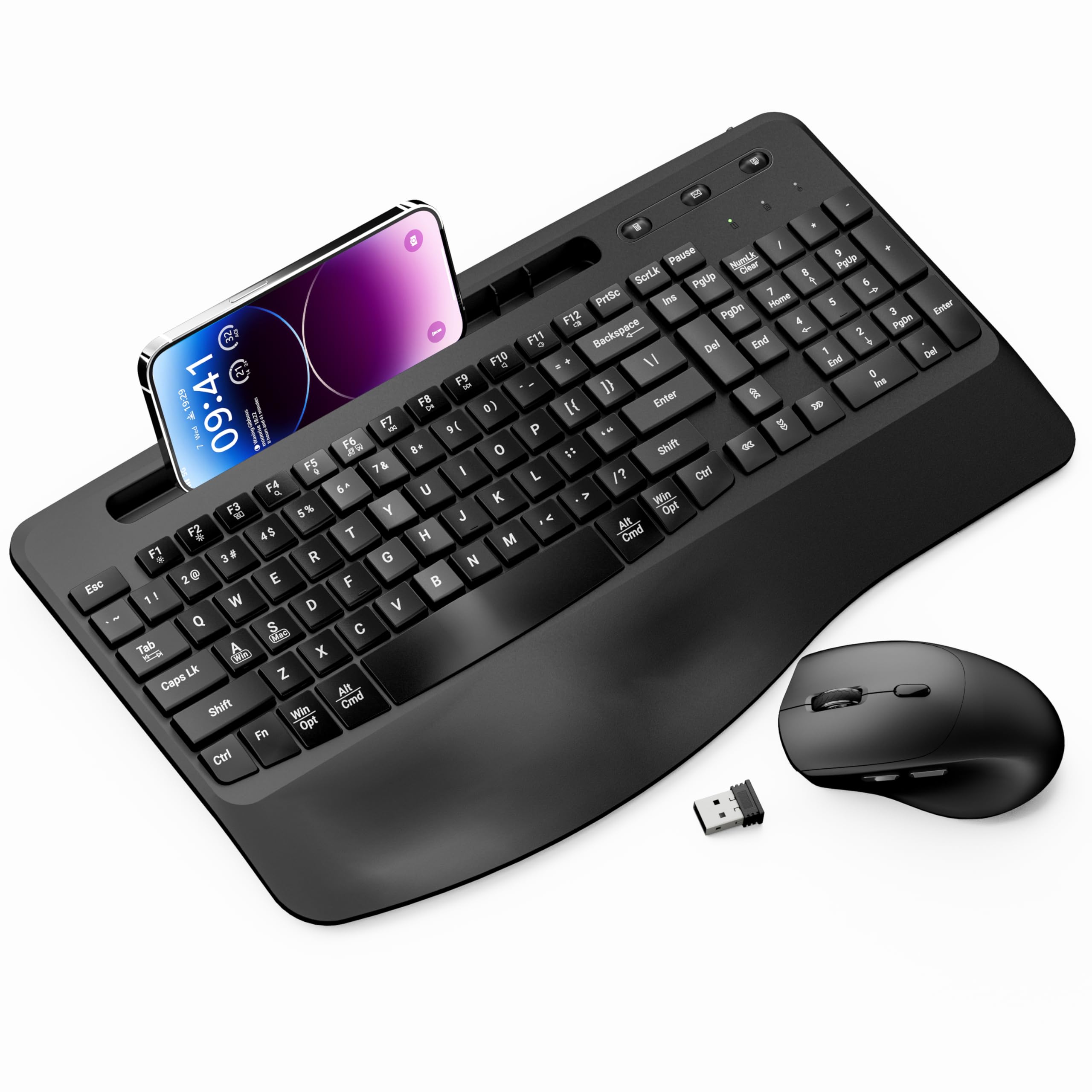 Photo 1 of Wireless Keyboard and Mouse Ergonomic Combo, Moojay 2.4G Rechargable Full-Sized Quiet Wave Keyboard Silent Mice Set with Wrist Rest and Phone Holder for Computer, Laptop, PC, Mac, Windows - Black
