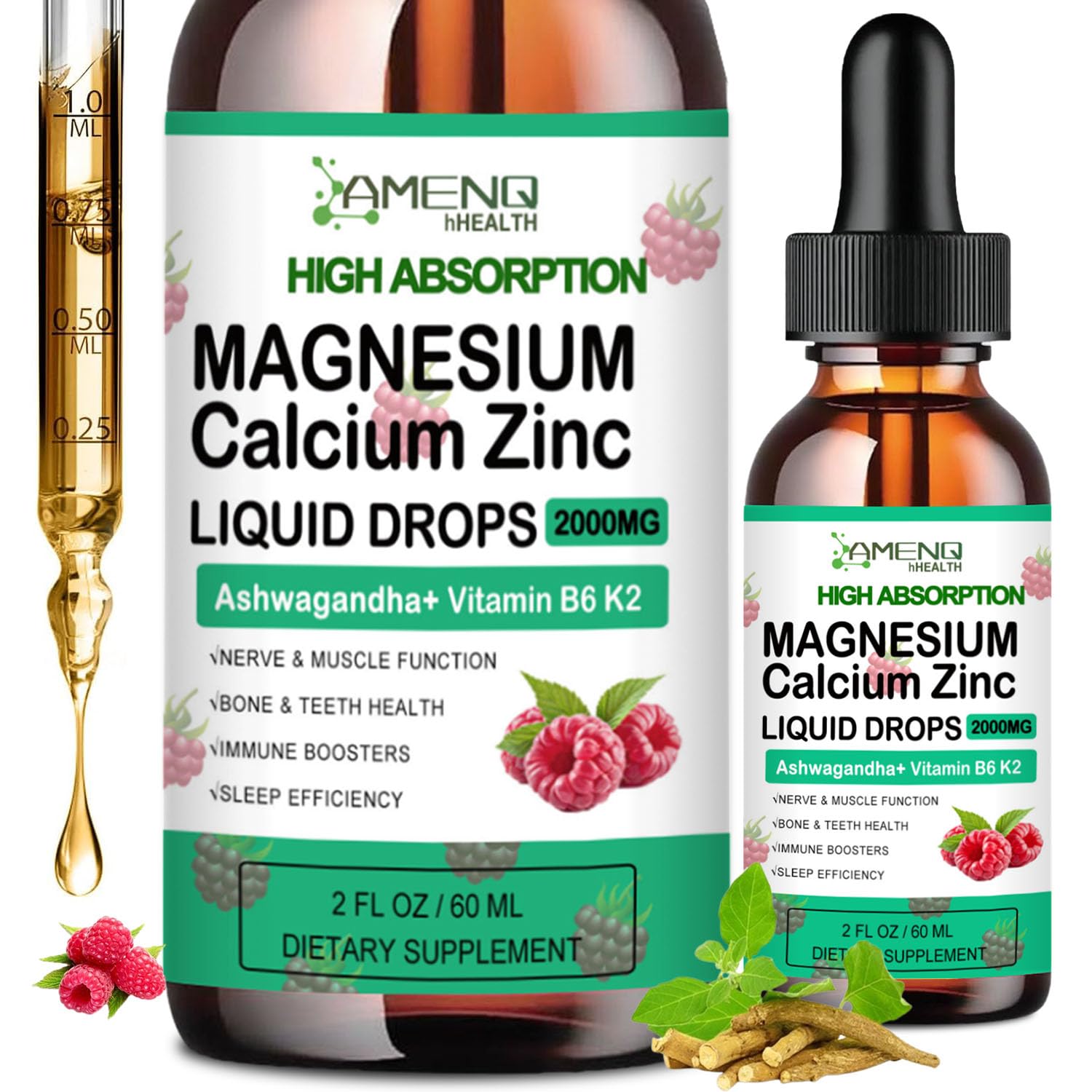 AMENQ hHEALTH Calcium Magnesium Zinc with Magnesium Glycinate 400mg Plus Vitamin C D3 K2 Liquid Drop, High Potency Liquid Calcium Magnesium Supplement for Bone, Muscle, Immune, Mood, Sleep