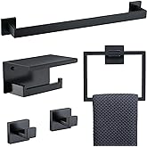 TNOMS Black Towel Bar Set 5-Piece Bathroom Hardware Set Including 23.6 Inch Towel Bar,Towel Ring Towel Hook and Toilet Paper Holder with Shelf,Stainless Steel Bathroom Accessories Set