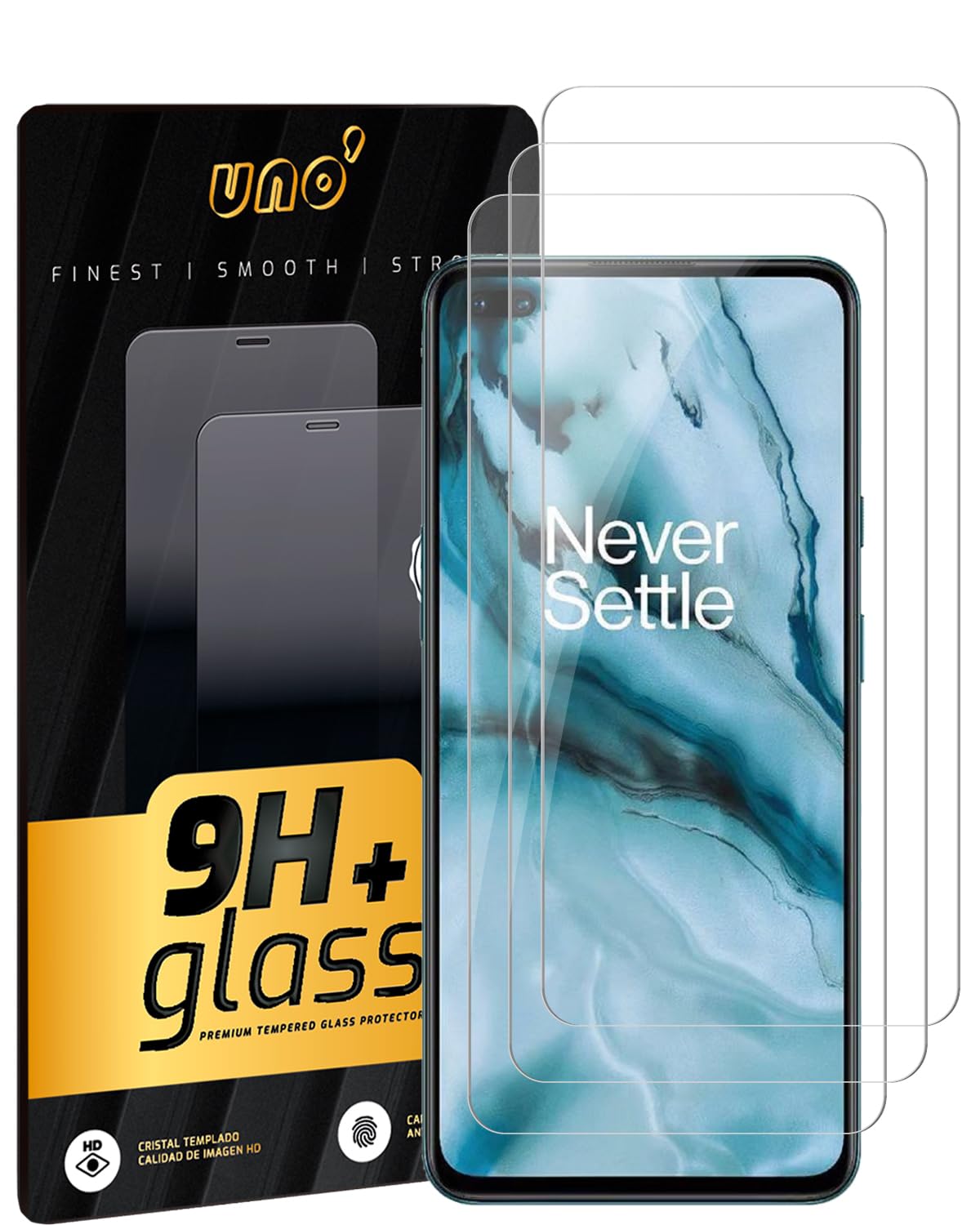 UNO' -3 UND Compatible Screen Protectors: One Plus North 5G / Nord CE 2 5G / Nord 2 5G / Nord 2T 5G (6.43 inches), 9H Tempered Glass, Resistant, Bubble-Free, Anti-Fingerprint and Anti-Scratch.